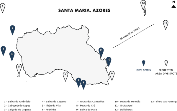 map of dive sites near santa maria azores